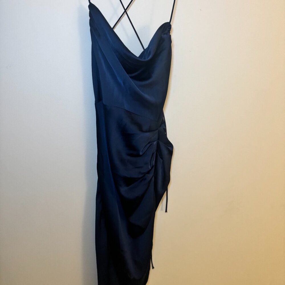Blue Cowl neck thigh spilt midi dress in satin navy